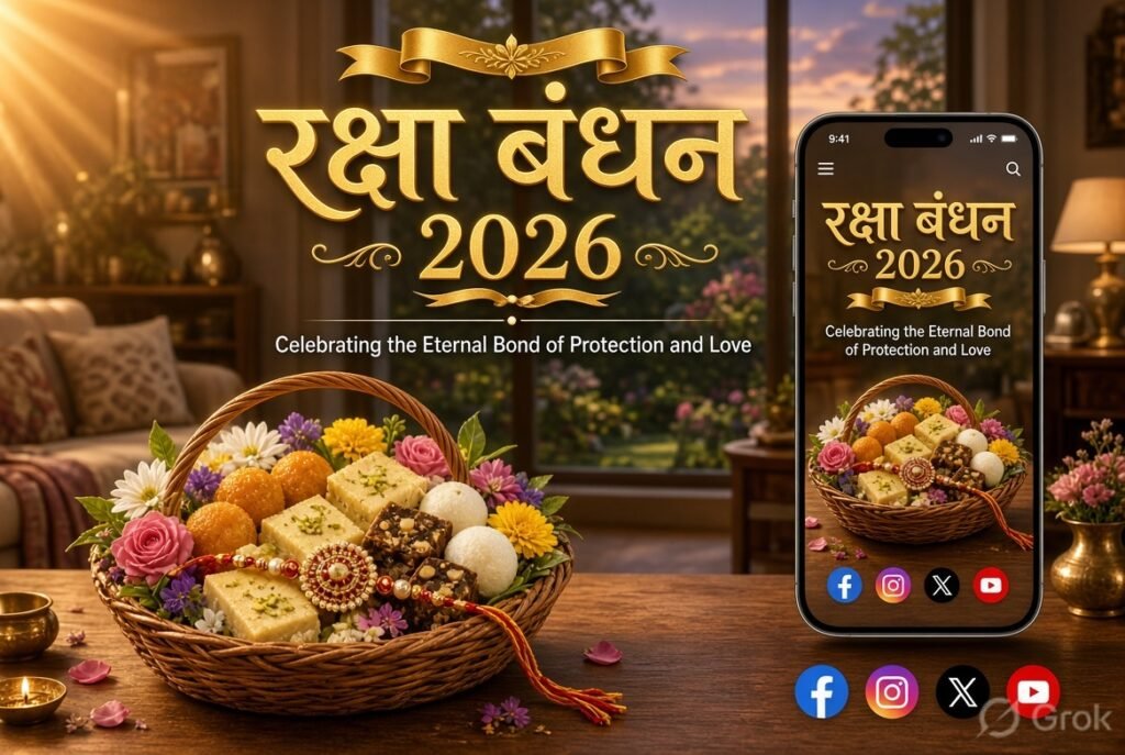 Traditional Raksha Bandhan 2026 Rakhi thali with diya kumkum rice and sweets